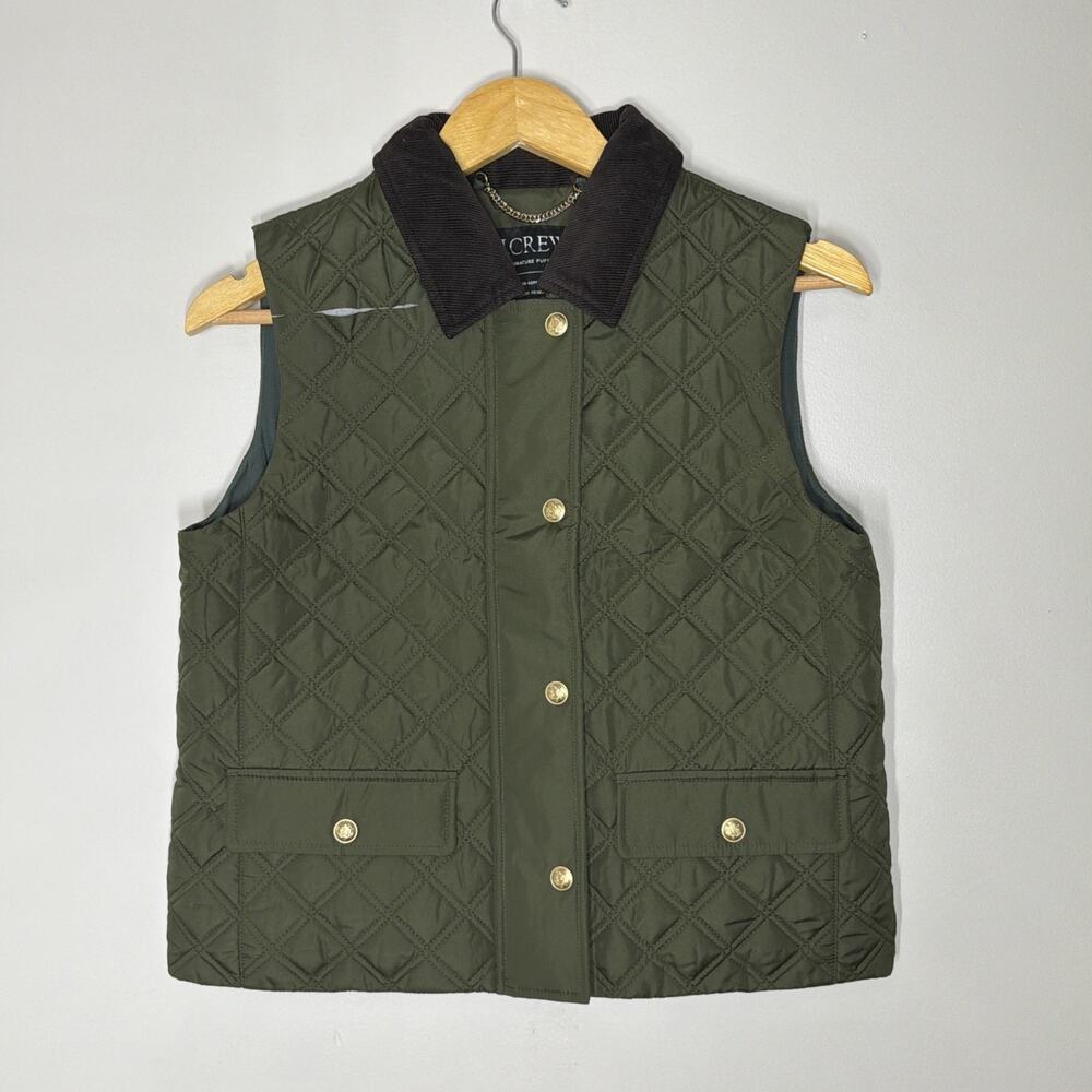 J Crew Quilted Barn Vest Womens XS Green Corduroy Collar Gold Buttons DAMAGED
